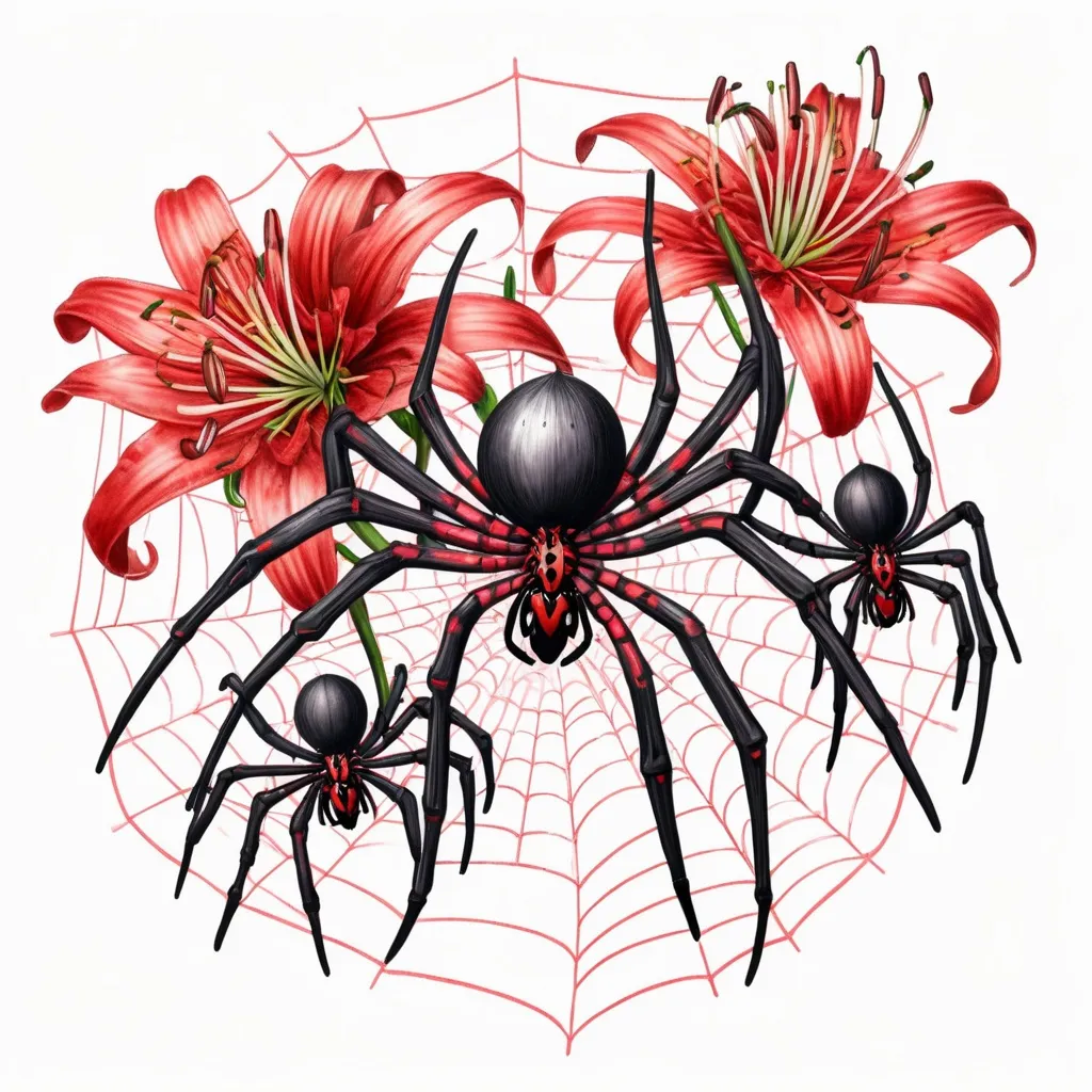 Prompt: Create an 8k black and red tattoo sketch portraying three spiders perched on a spider lily, diligently weaving a web.