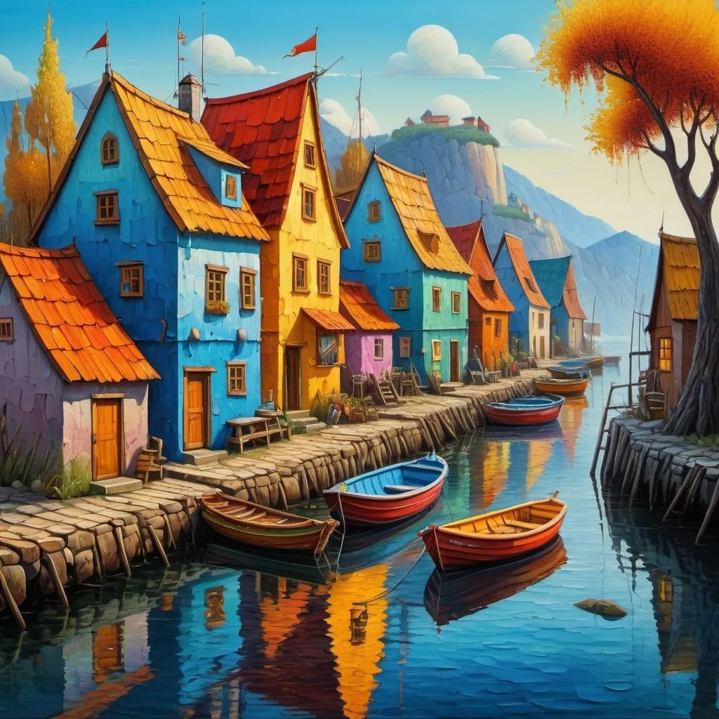 Prompt: Fishing Village, oil painting, colorful, bright, painted impasto with thick palette knife. High contrast highly detailed fantasy 8k oil on canvas beautiful 4K 3D high definition crisp quality colourful hdr Jacek Yerka light reflections Gediminas Pranckevicius Impressionist