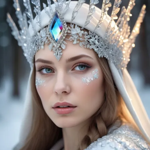 Prompt: Portrait of woman, snow Princess, Slavic fantasy style, kokoshnik, fantasy art style , Broken Glass effect, no background, stunning, something that even doesn't exist, mythical being, energy, molecular, textures, iridescent and luminescent scales, breathtaking beauty, pure perfection, divine presence, unforgettable, impressive, breathtaking beauty, Volumetric light, auras, rays, vivid colors reflects