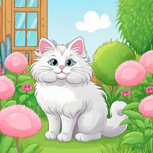 Prompt: cartoon in love  fluffy cat in a garden