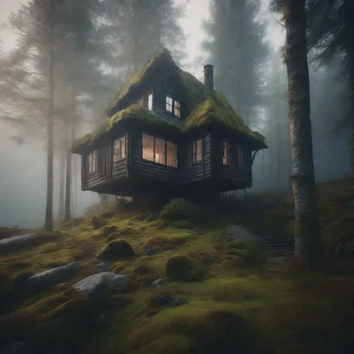 Prompt: a forrest house in the middle of the scandinavian forests, tiltshift lens, architecture photography, moody, fog, morning, stuning landscape, moss and rocks, Award winning photography taken with Hasselblad camera trending on Artstation 8K resolution Unreal Engine 5 beautiful 8K resolution DSLR landscape dark academia zdzisław beksiński