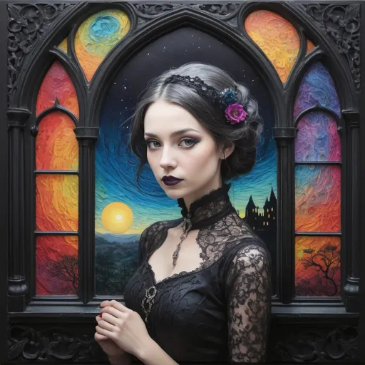 Prompt: a zentangle ferrotype portrait of In a gothic galaxy castle a vampire gazes through a window at the ethereal magic layers swirling in the vivid rainbow solar night in the style in the style of Rebeca Saray, Lin Fengmian, Anna dittmann, Justin Gaffrey, Michael Creese, Frank Cadogan Cowper, Yves Saint-Laurent, Thomas Edwin Mostyn, Hiro isono, James Wilson Morrice, Axel Scheffler, Gerhard Richter, pol Ledent. Encaustic paint and volumetric lighting. 