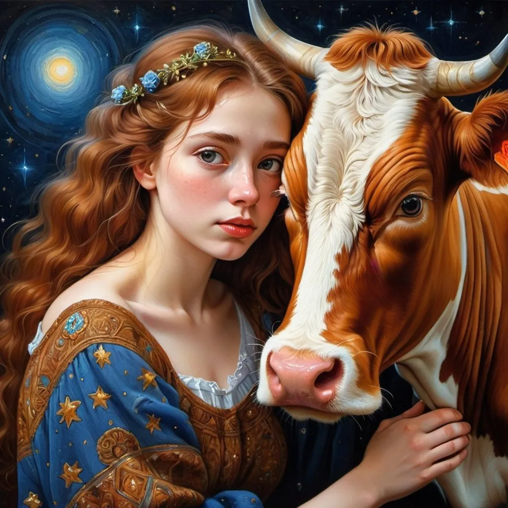 Prompt: Viktor Nizovtsev's painting "a 20-year-old woman, brown-haired, hugging a cow", a detailed painting by Viktor Nizovtsev, published on cgsociety, fantasy art, detailed painting, pre-Raphaelites, bizarre painting, Baroque painting. starry sky, detailed painting, painting, beautiful portrait of twin twins