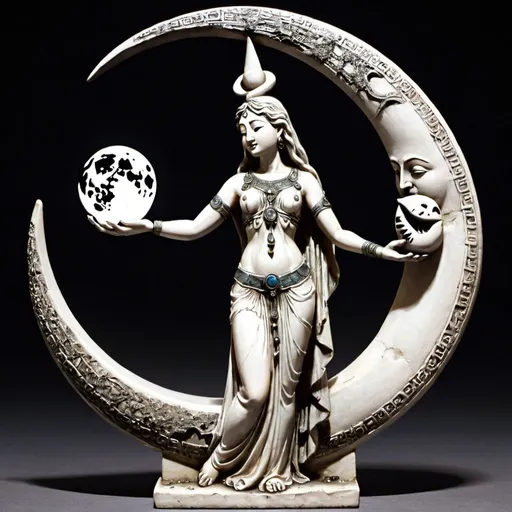 Prompt: Statuette, moon goddess offers bowl of water to the moon