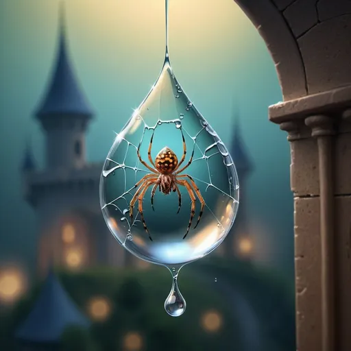 Prompt: Close-up digital painting capturing a dewdrop suspended on a spider's web, (Re) AlDeeb AlDeeb madness 🎨, by o.f.a., by aldeeb, contains a miniature fairytale castle refracted within, background merging reality with fantasy through a bokeh effect, selective focus on dewdrop, ultra fine details evoke a magical atmosphere, cinematic quality.