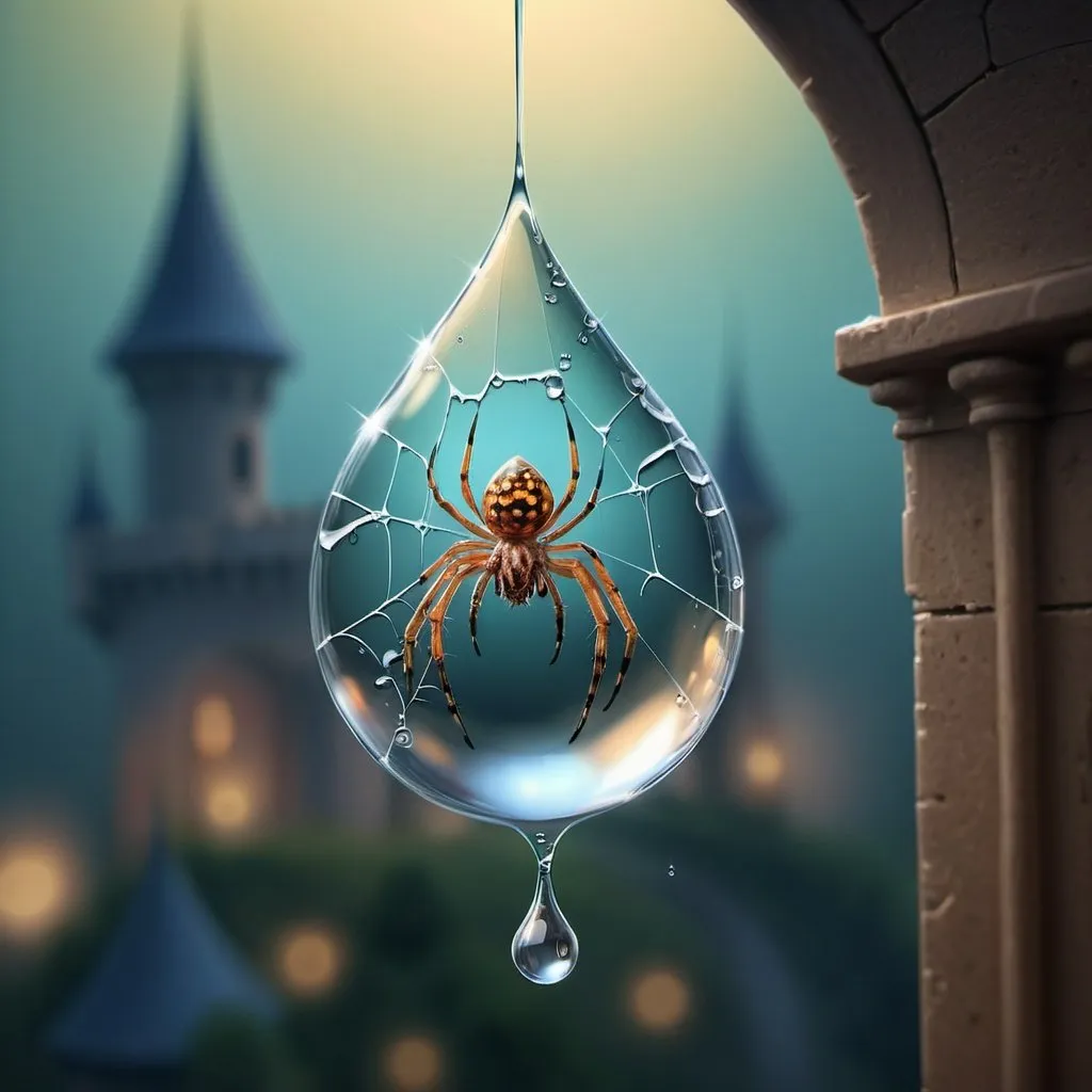 Prompt: Close-up digital painting capturing a dewdrop suspended on a spider's web, (Re) AlDeeb AlDeeb madness 🎨, by o.f.a., by aldeeb, contains a miniature fairytale castle refracted within, background merging reality with fantasy through a bokeh effect, selective focus on dewdrop, ultra fine details evoke a magical atmosphere, cinematic quality.