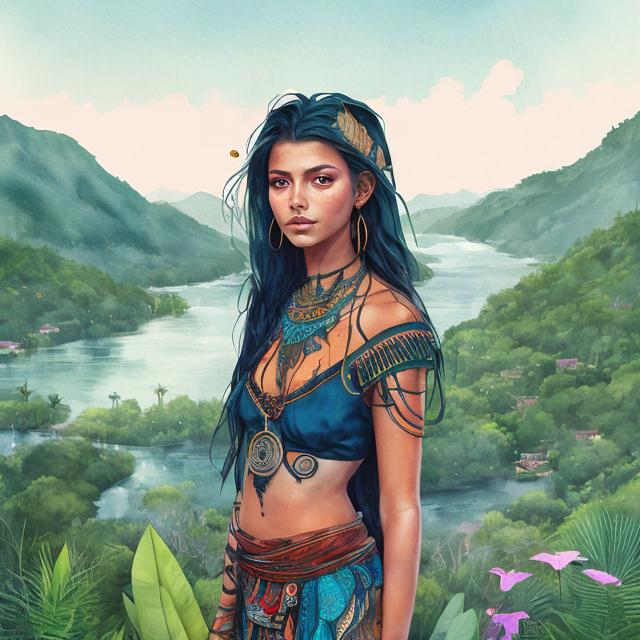 Prompt: Full body Illustration of a woman, young, 18 years old, dark hair, wearing shaman outfit, beautiful, on top of the hill, in a concrete building, river view, lush vegetation, tropical, watercolor, artwork by tom björklund