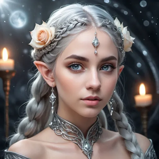 Prompt: beautiful elf, sharp ears, stunning universal eyes, gorgeous braids, silver intricate hairstyle with a rose in her hair, graphite shine, Background: universe, professional photo shoot. fantasy, professional, digital photo, beautiful, aesthetic, realistic, bright light, HDR,NS, octane, light correction, lumen, diamond-solar dust