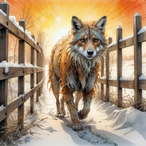 Prompt: Mixed media drawing of a furry companion walking through snow, alongside a fence under the amber glow of a sunrise, pencil, watercolor, ink, soft pastel hues, National Geographic focus on snow flora, Brian Froud style with Carne Griffiths paint drips, Alberto Seveso flow, Broken Glass effect, iridescent and luminescent textures, volumetric light, rays, vivid colors, divine presence, unforgettable, impressive, ultra-clear, digital painting