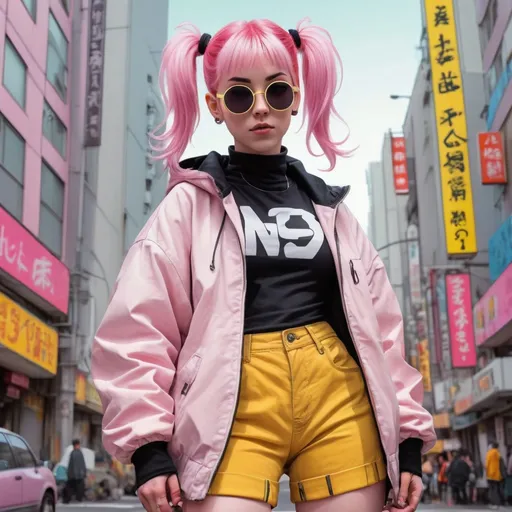 Prompt: illustration of a young woman with pink hair in two pigtails, comic style ((tokyo ghost, sean murphy)), oval shaped sunglasses ((white framed)), puffy oversized yellow jacket, pastel goth, black combat boots, dynamic pose, detailed, stylized, 3d urban background