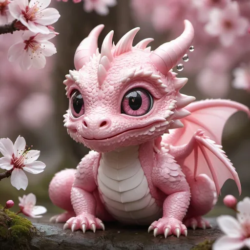 Prompt: in a cherry blossom forest, where petals float gently in the breeze, a baby fluffy pink dragon rests. Its large, googly eyes, soft and tranquil, mirror the tranquil beauty around it. , Miki Asai Macro photography, close-up, hyper detailed, trending on artstation, sharp focus, studio photo, intricate details, highly detailed, by greg rutkowski