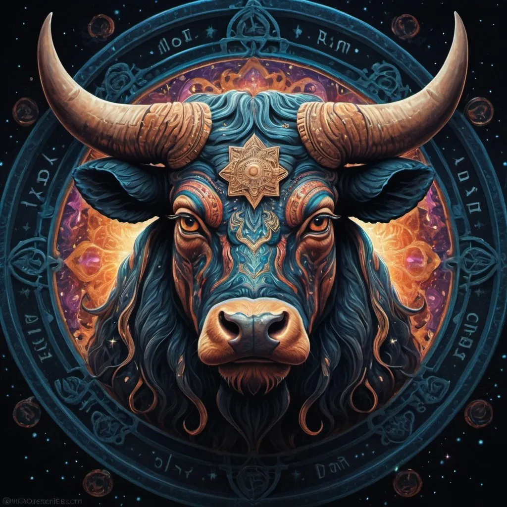 Prompt: 
close-up portrait,  symmetrical,  bull's head,  detailed portrait,  taurus,  minotaur,  trippy,  high detailed,  creepy bull god,  hindu,  hyperdetailed,  psychedelic,  centered,  symmetry,  painted,  intricate,  volumetric lighting,  beautiful,  rich deep colors masterpiece,  sharp focus,  ultra detailed,  in the style of dan mumford and marc simonetti,  astrophotography,  zodiac,  astrology,  stars on background,
