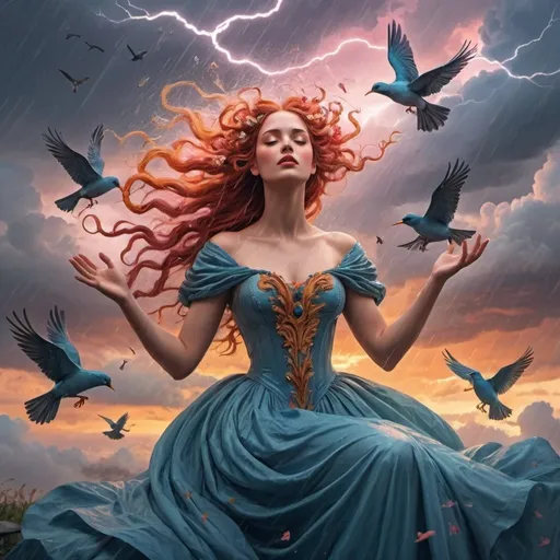 Prompt: A colourful and beautiful Persephone with rain dripping from her hair, wearing a flowing ballgown made of clouds, surround by clouds and birds in a painted style controlling lightning with her hands at sunset