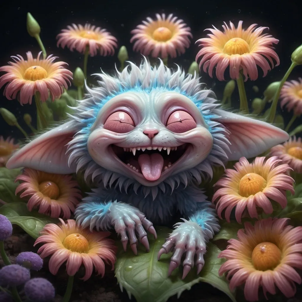 Prompt: portrait of a cute adorable furry alien creature sleeping in a flower, yawning and stretching its paws, flower petals curled around him, bacteria, virus, intricately detailed, hyperdetailed, realism; incredible composition; dynamic lighting; meticulously composed concept art, masterpiece, digital illustration, cell-shaded, Volumetric lighting, macro-photography, realism