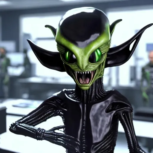 Prompt: A 3D rendering of Henry in his alien form. He has green skin, large, pointed ears, and a long, forked tongue. He is wearing a tight-fitting black suit. He is standing in a laboratory, and the background is a series of computer screens.