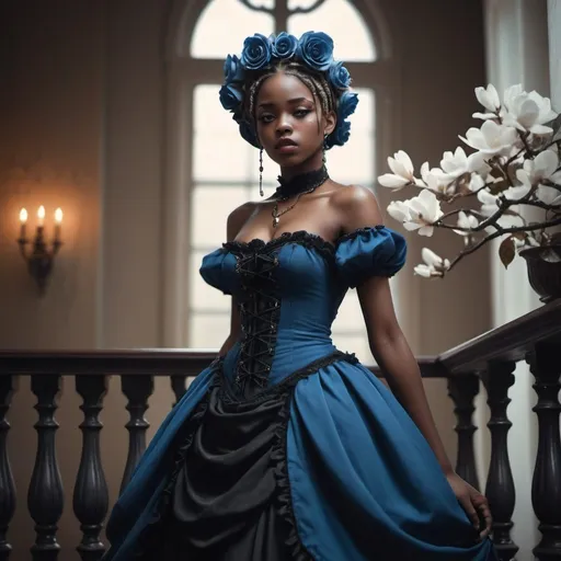 Prompt: <mymodel> The Blue Queen 2d dark j horror anime style, boy, anime scene Glamour photography a beautiful young african woman with a victorian era black, red, blue puffy ballroom gown dress and a flower in her hair and a black rose, white magnolia's in her hair long flowing beautiful goddess braids, Looking down on people from a ballroom balcony, insane expression, full body hourglass figure Bastien L. Deharme, fantasy art, dark fantasy art, a character portrait in the style of Guy Aroch captured with soft focus and muted colors typical of early film photography, 3d, photo
