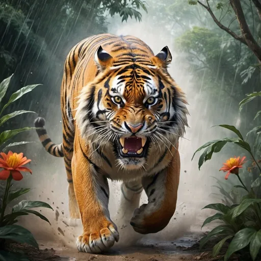 Prompt: coomplex illustration of a mighty tiger in the jungle very fast  running to the viewer, trees and flower,  in a massive cloud of dust, agression, anger, hyperrealistic scene, heavy rain, detailed focus, epic fantasy scene, vivid colors, Enchanted Masterpiece, Award-Winning, Masterpiece