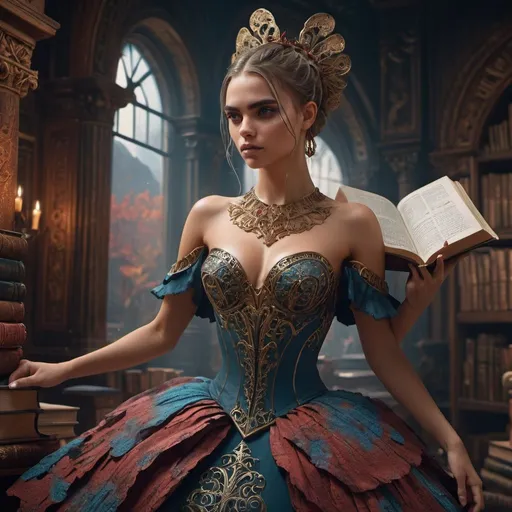 Prompt: Cara perfecta. Mujer guapa Forma danzante de una mujer cuyo vestido está hecho de letras que salen de un libro detailed matte painting, deep color, fantastical, intricate detail, splash screen, complementary colors, fantasy concept art, 8k resolution trending on Artstation Unreal Engine 5