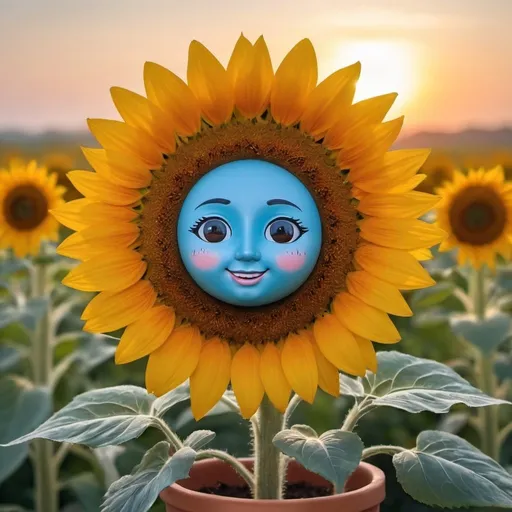 Prompt: cirar um vaso lindo com um  grande girassol com rosto  sorrindo  , raios de sol do amanhecer.
No céu azul nome "Donaia" escrito na núvem  , Mysterious