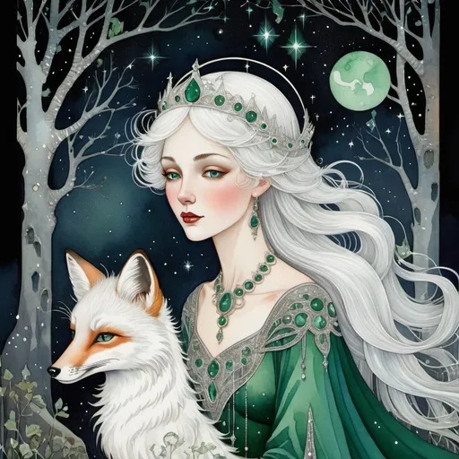 Prompt: 
Illustration style by Virginia Frances Sterrett.
Fairytale princess with sparkling white hair with a cute little fox, dripping birch sap, constellations in the emerald sky, silver thin threads, glitter mesh
art noir, 3d, intricate details, 600 dpi
magical, gentle face, watercolor, smooth lines.