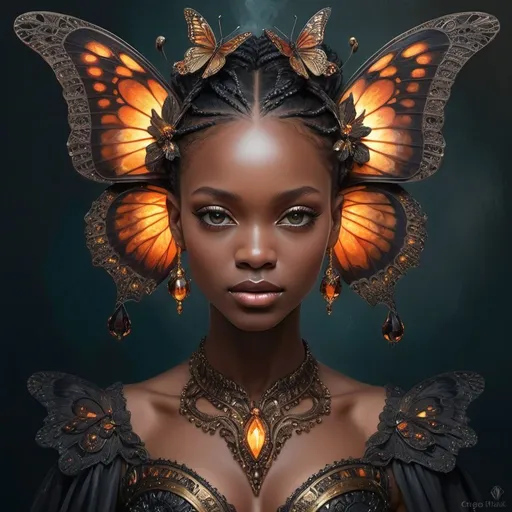 Prompt: A  butterfly beautiful  black queen. Beautiful face. Epic fire glowing dress, lots of layers, intricate brass details, ornate with intricate crystal iridaescent butterflies. delicate wings.  By Greg Rutkowski, carol bak, catrin welz-stein, artgerm, Anna dittmann. 