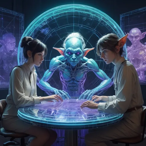 Prompt: glossy blue-skinned (long elven ears:1.0) grizzled goblin scientists, varied expressions; standing around a round table, looking at a massive 3D transparent holographic projection of a (holographic glowing wireframe goblin character:1.3), transparent, translucent, glowing, holographic, ghost, pellucid floating above a stage, transparent light blue color, Holographic Art; Amazing_unique_creation. Textures. Complementary colors. Creative. Ultra quality. 8k resolution; 8k resolution holographic astral cosmic illustration mixed media; Pablo Amaringo; inside meteorological station, natural light, windows, HUD screens, weather maps; purple_amber_green waxy, detailed, futuristic, photorealistic, maximalist; Makoto Shinkai, J.C. Leyendecker, ilya Kuvshinov, Royo, Karol Bak, Alphonse Mucha, Jordan Grimmer, Greg Rutkowski