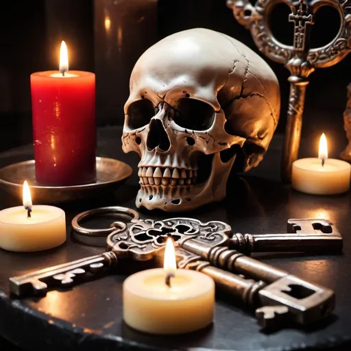 Prompt: key with skull motif, ritual candles in background, horror
