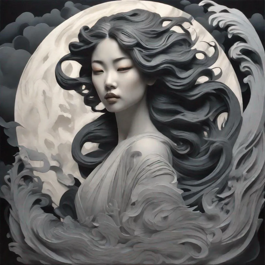 Prompt: A woman with long swirling hair standing in front of a full moon, artgerm and ben lo and mucha, black clouds, female water elemental, lots of swirling, grey and black, paper relief sculpture, inspired by Luo Mu, detailed dress and face, featured art, painting of a woman in the style of paper art, 