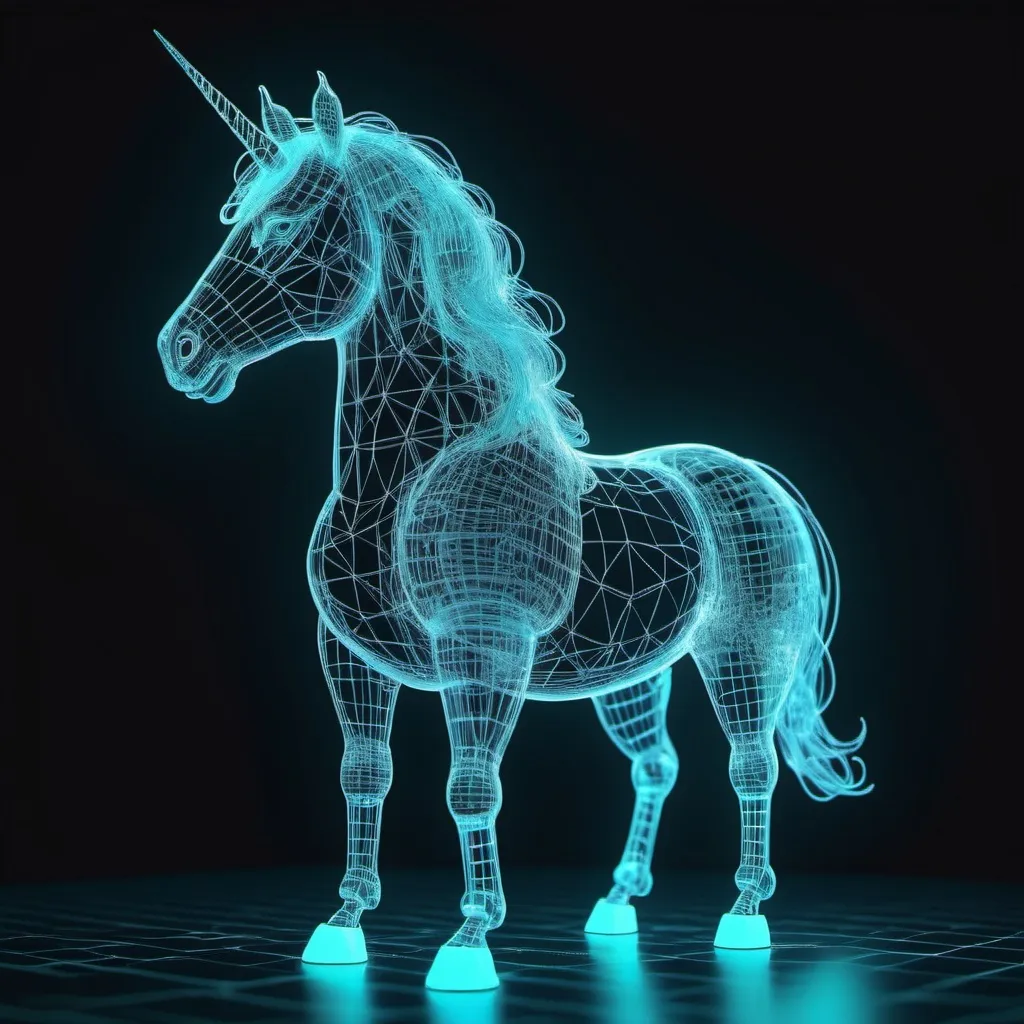 Prompt: vaporwave wireframe hologram of a unicorn 