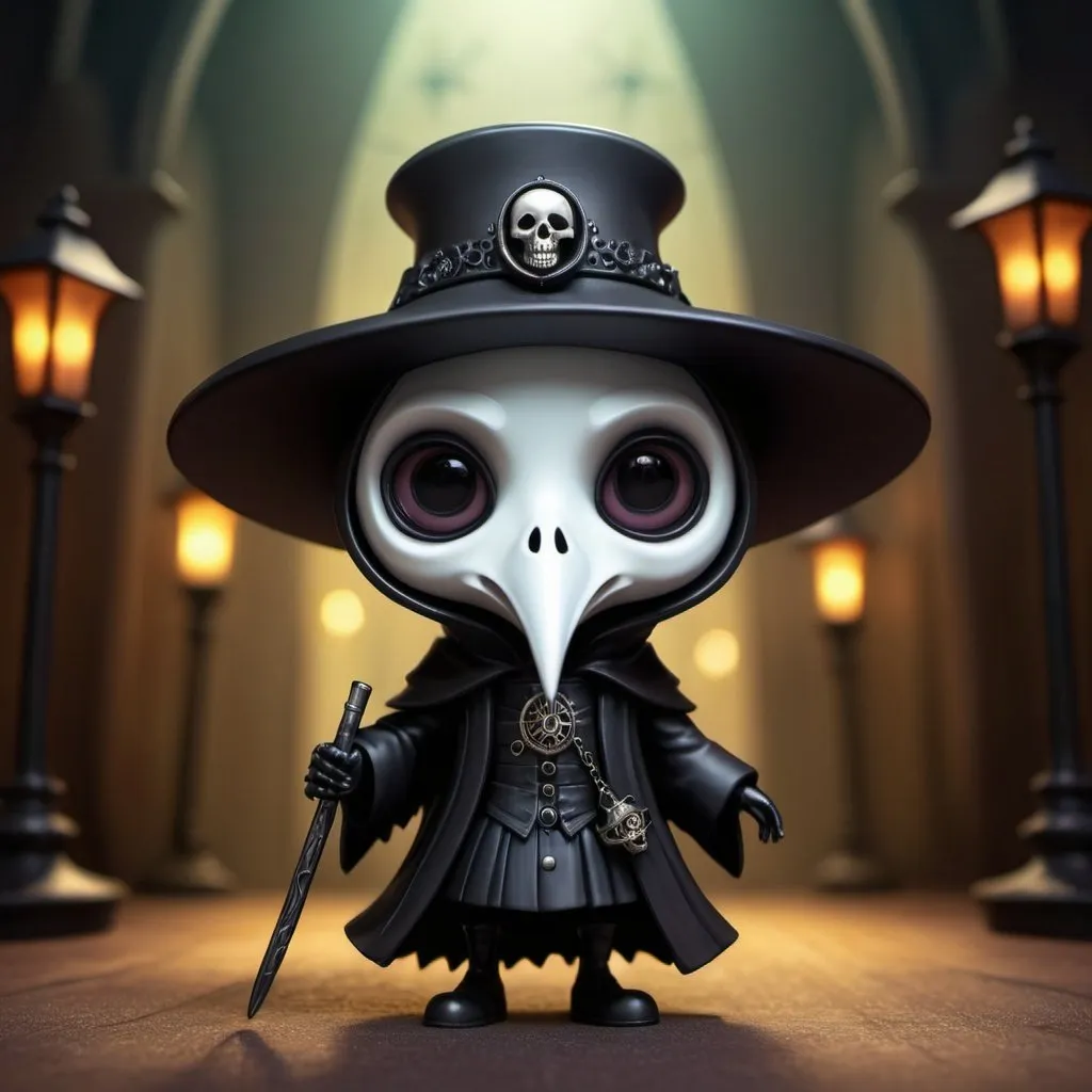 Prompt: a beautiful concept art of a chibi bobblehead plague doctor, gothic parts, skulls, raven, 8k resolution, by Benjamin Lacombe, Lori Earley, Bill Carman, Lisbeth Zwerger, intricate 3D rendering, bokeh, hyperdetailed, complex dynamic lighting, dynamic pose, highly textured and deeply saturated triadic colors, trending on deviantart