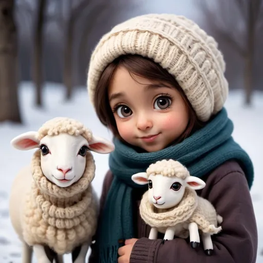 Prompt: very cute tiny, Cute Sheep with scarf in winter with her little son of sheep and goat beside her her eyes teers , rim lighting, adorable big eyes, small, By greg rutkowski, chibi, Perfect lighting, Sharp focus