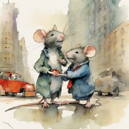 Prompt: cool, nice and cute mice working and helping  together to move a big apple together by Alex Maleev, Quentin Blake, watercolour style