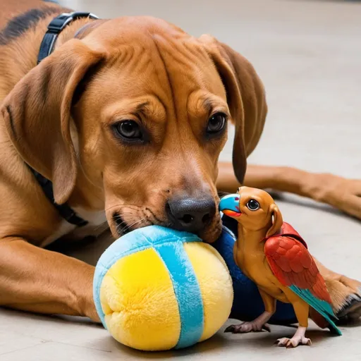 Prompt: Photo of a (Rhodesian ridgeback- beagle mix) puppy chewing on a stuffed parrot toy