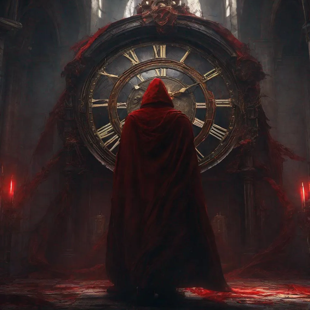 Prompt: A dark guardian of the chapel in a blood-red cloak stands before the great, ancient clock, maintaining the integrity of the time loop itself. Dark fantasy, dark art, dark, red, black, digital art, trending on artstation, 4 k, highly detailed, sharp focus,