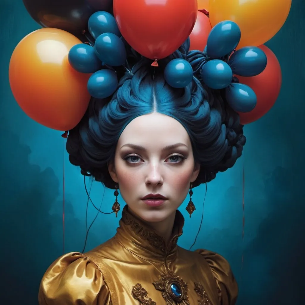 Prompt: splash art portrait by Bastien Lecouffe-Deharme, Hayv Kahraman, Erik Madigan Heck, Nicholas Hughes, Nicholas Hilliard, Daarken, faerietale couture, dark fantasy goddess, goddess of balloons, highly detailed, shiny, balloon hair, bright balloons