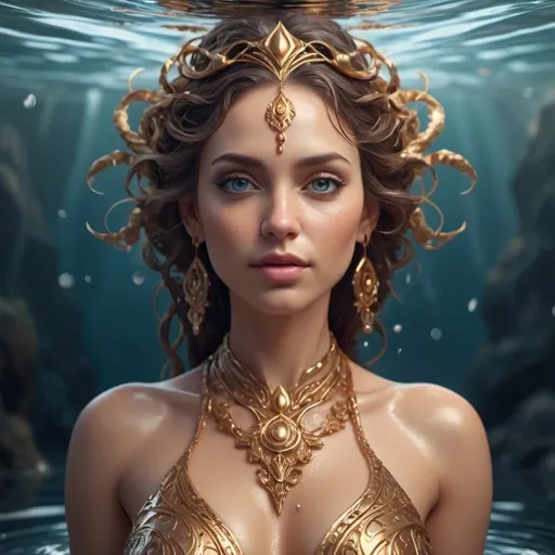 Prompt: illustration of a beautiful woman in her 30s, goddess of the fae, in the water, in spiral wave water, perfect symmetrical face, makup, dramatic background, 105mm, creative bokeh, full body, intricate clothing, fantasy, artstation, very complex hyper-maximalist, overdetailed, 3d ray tracing,  tribal, 8k resolution, Ultra-detailed 3D Octane Render, photorealistic, concept art, Sharp Focus, golden ratio, low-angle, intense shadows, intense lighting, splash screen, tonemapping.