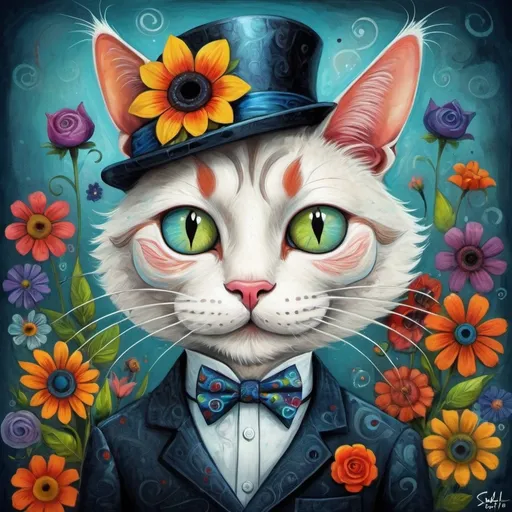 Prompt: Mr. Cat                                                                                                                                                                                                                                                                                                        
                                                                                                                                                                  
In style of Alexander Jansson, style Picasso, assured features, clean looks, expressive faces, inventiveness, originality, detailed, ambitious creation, clear and bright colors, artistic rendering, wonderful dream, cat , flowers. Retouch by pencil by Tim Burton (prompt modified by Stef)