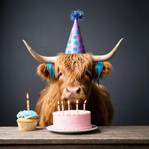 Prompt: a Scottish highland cow with a birthday hat and cake in front of it