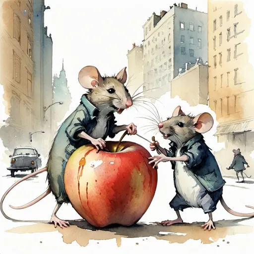 Prompt: cool, nice and cute mice working and helping  together to move a big apple together by Alex Maleev, Quentin Blake, watercolour style