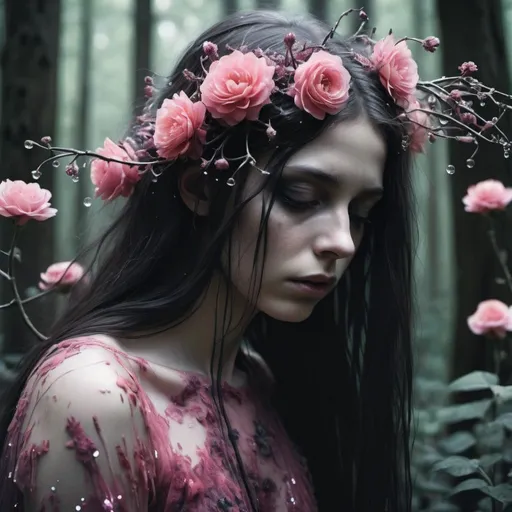 Prompt: sad in the middle of a forest surrounded by flowers analog photography Dark surreal ghostly skin Wispy two dark beauty female Ghost, very long hair,  by Agnes Cecile, by André Masson, by Francis Bacon, 4k, intrincate details, intricate  painstaking attention to detail, intricate hairdo, with withered dark flowers in her hair, floating dark flowers,flower horns, award winning, 8k, crisp quality, hyperrealistic, exquisite craftsmanship, hdr, masterpiece, luscious, mesmeric, dreamy, eye-catching,dark circles, irresistible, fascinating, glorious, divine, pretty, excellent, gorgeous, very cute, adorable, classy, stunning, flowers floating, sparkles, hot pink