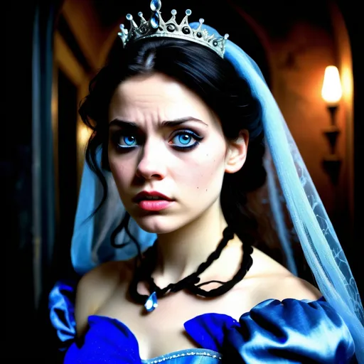 Prompt: color photo of "a modern-day Cinderella with a touch of darkness, featuring deep, haunting eyes and a face filled with sadness. She stands in a contemporary setting, wearing a unique and edgy interpretation of Cinderella's iconic attire. The photo captures her internal struggle, as she embodies both the innocent fairy tale character and a hint of a devilish nature. Her expression tells a story of inner turmoil, reflecting the complexities of her modern journey" —c 10 —ar 2:3