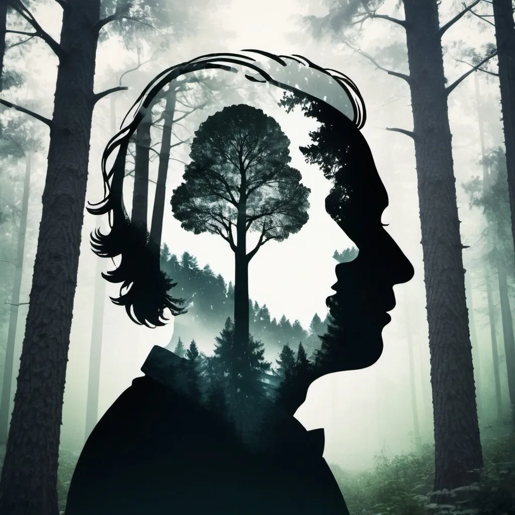 Prompt: Double Exposure. An image of a forest superimposed over a Albert Einstein silhouette (closeup) convey the person’s relationship with the city, E=MC