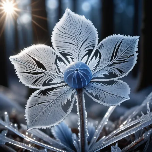 Prompt: Macro lens capturing frost flower, intricate ice patterns mimic petal structures, early morning, delicate interplay of light and shadow, blue and white hues dominate, frost crystals glistening, on a dark, blurred forest backdrop, high resolution, digital render, ultra fine details