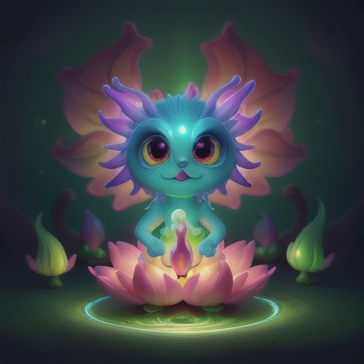 Prompt: 
incredibly cute fantastic lotus creature with glowing big eyes, ultra detail, abstraction, surrealism, best quality, masterpiece, luminescence, splash