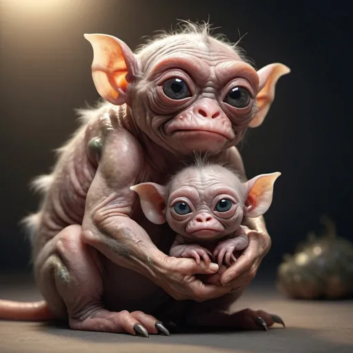 Prompt: "Extremely Ultrarealistic Photorealistic cute little ugliest creature holding its own baby professional photography, natural lighting, volumetric lighting maximalist photo illustration 8k resolution concept art intricately detailed, complex, elegant, expansive, fantastical"