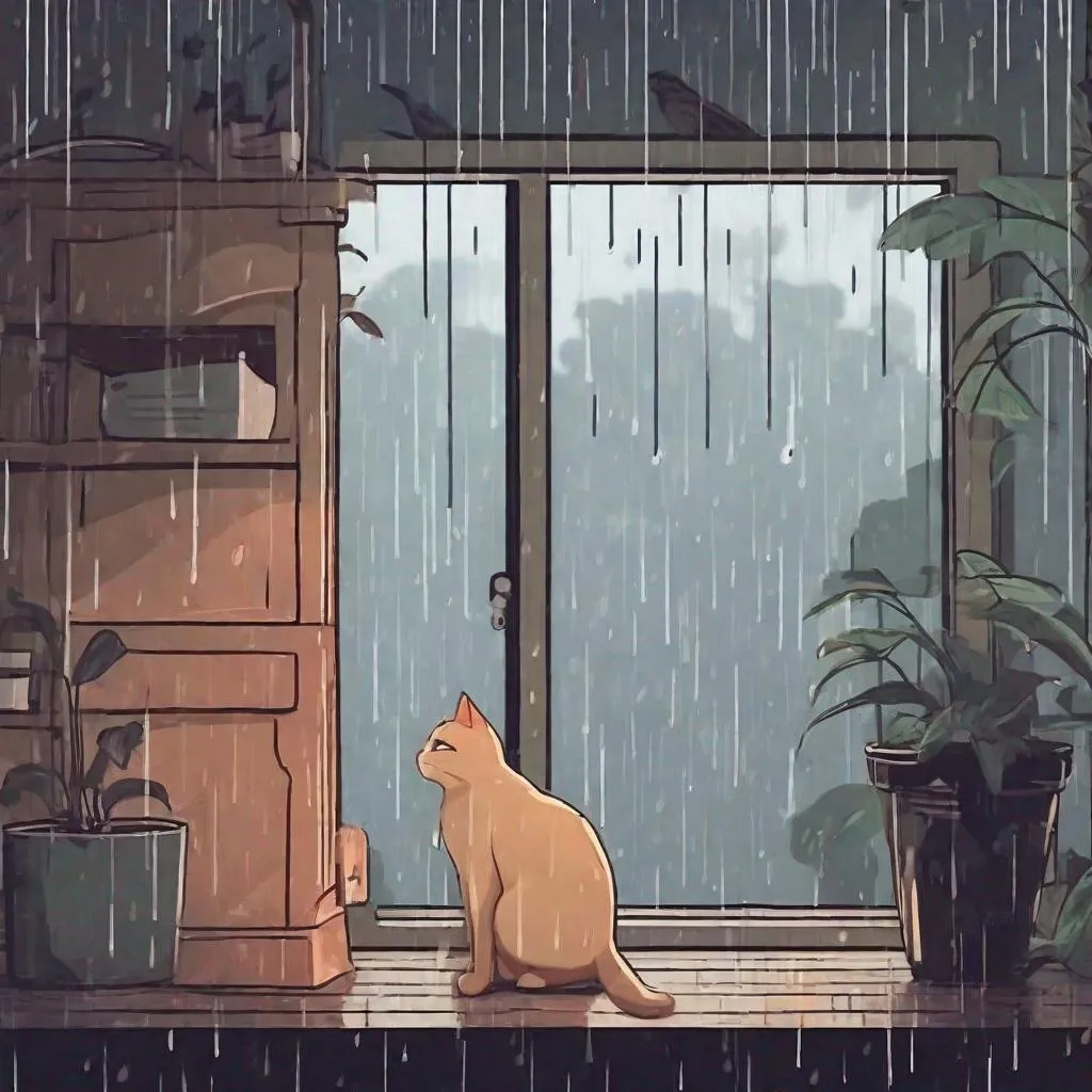 Prompt: Create an introverted based wallpaper with a rainy day with a cat outside in a rainy day 