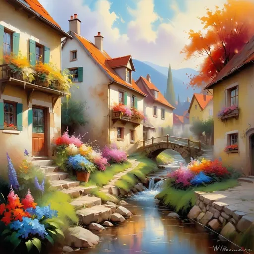 Prompt: highly detailed beautiful painting landscape, vintage style, vibrant colors kinkade flowers, film composition, digital painting, elegant, beautiful, high detail, by Willem Haenraets, Bubbling brook, small stream, Small European town, Small European village