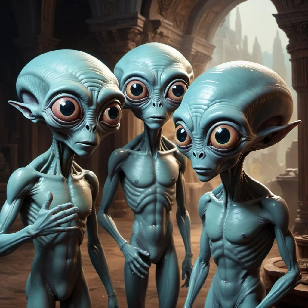 Prompt: 4 aliens with big heads and eyes high fiving a 4 normal of humans, create a visually striking and intricate piece of artwork. A high-resolution, 16K painting done with a photorealistic style and executed with a deep saturation of complementary colors. This piece should have no specific theme, instead concentrating on showcasing intricate details and profound depth, mimicking the glossiness of a lavishly finished oil painting. This artwork should feel as if it had been created using the Unreal Engine, known for its lifelike visuals and bold color palettes., high detail,