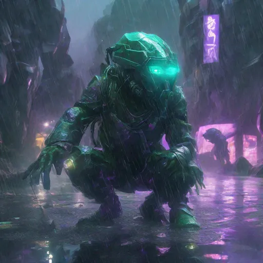 Prompt: Double exposure; glossy grizzled goblin warlock teal-colored mottled skin, crouching beneath armored helmet, in heavy rain, futuristic exosuit various poses, expressions, waterfalls, intense blacks, exposed_rocks with black layer; waxy_purple_amber_green , detailed, futuristic, photorealistic, maximalist; Makoto Shinkai, J.C. Leyendecker, ilya Kuvshinov, Royo, Karol Bak, Alphonse Mucha, Jordan Grimmer, Greg Rutkowski