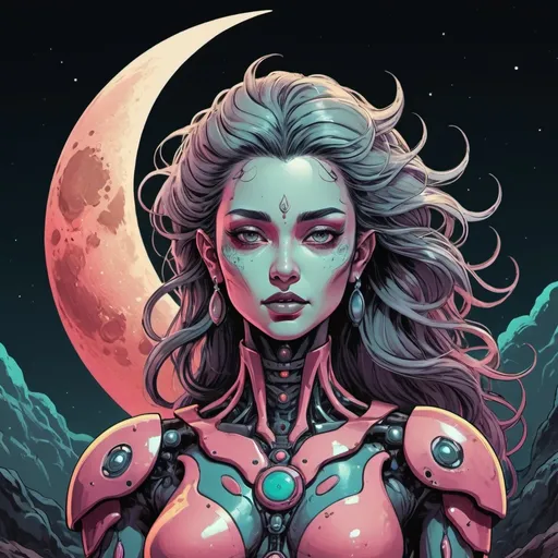 Prompt: moon deity in a female humanoid form. 
Science Fiction, Retrofuturism, Gore, Cosmic Horror, Fine inking, Clean linework, comic illustration, flat shading, Colour transitions, Maximalism, Beautifully illustrated forms, beautiful background scenery, Warm and cold colour mix, Triadic colour palette, Dark vibrancy, soft lighting, Complexity, Storytelling, Dynamic Poses, High quality, Sharp focus, Tight colour range, Full scene, Filmic, 